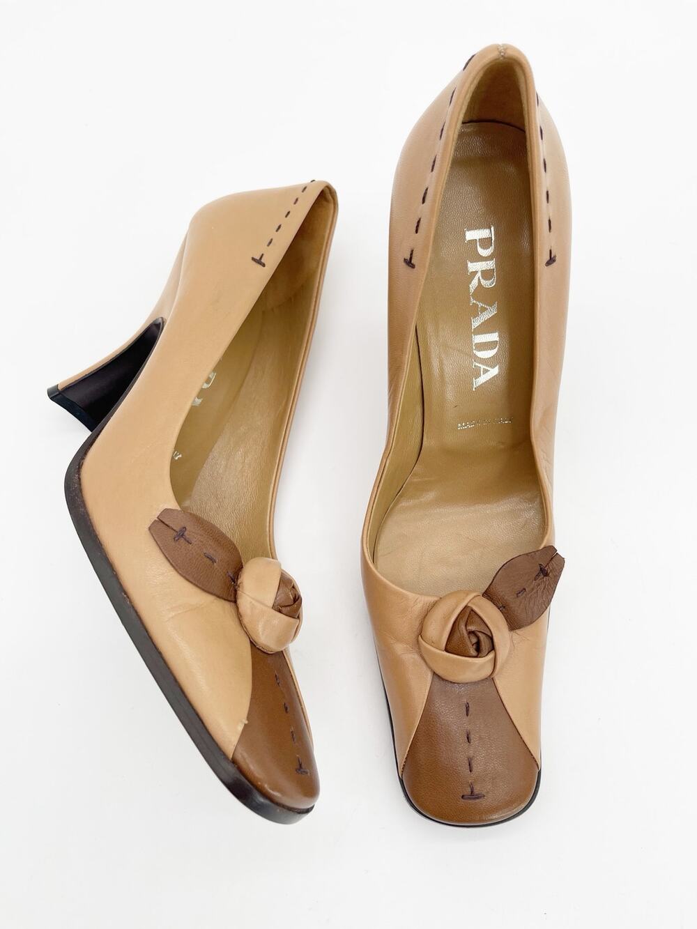 Prada Vintage Tan Brown Leather Square Toe Rosette Flower Heels Pumps IT 37.5